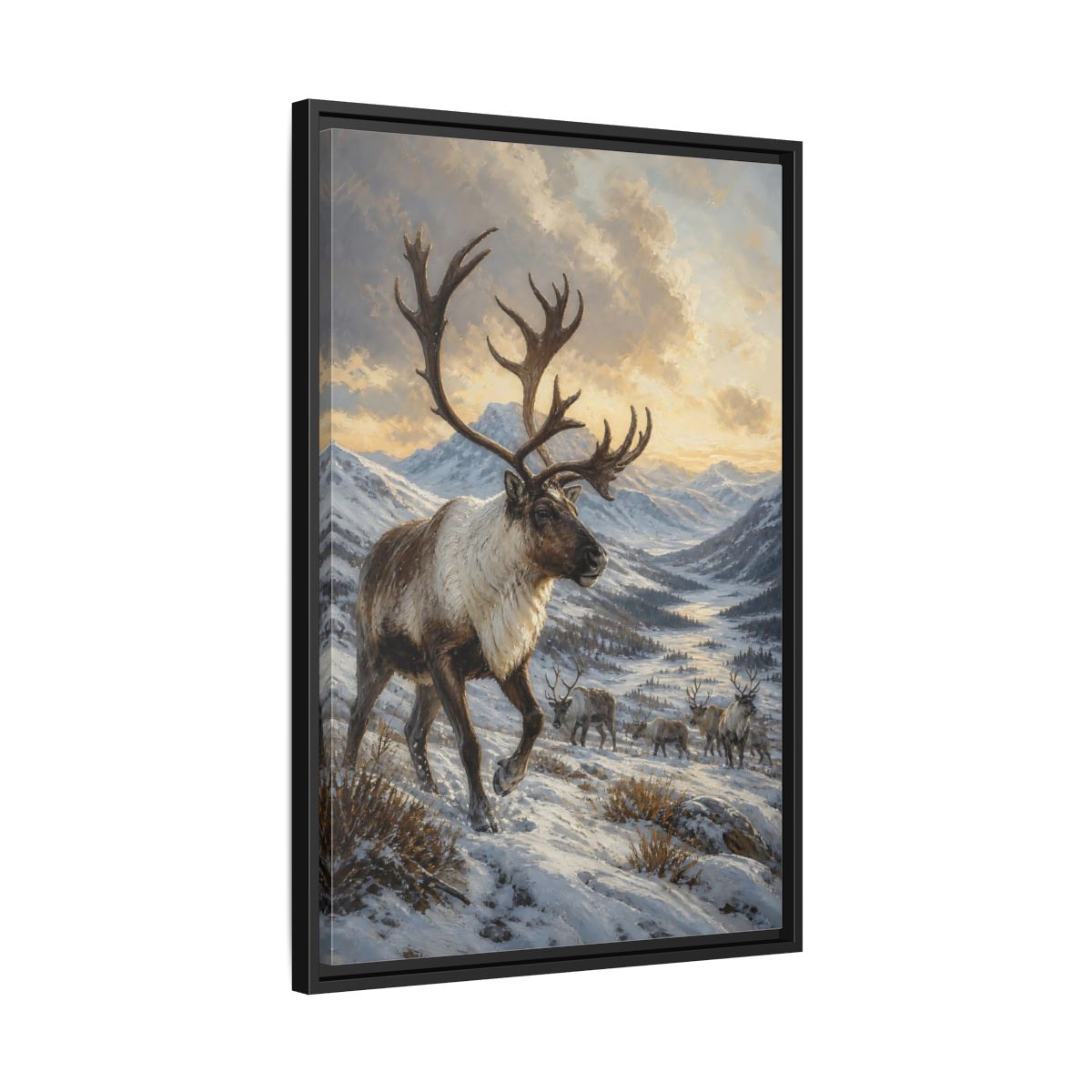 Side Mockup 14. Animals Reindeer Herd Winter Reindeer Scene shown as stretched canvas wall art