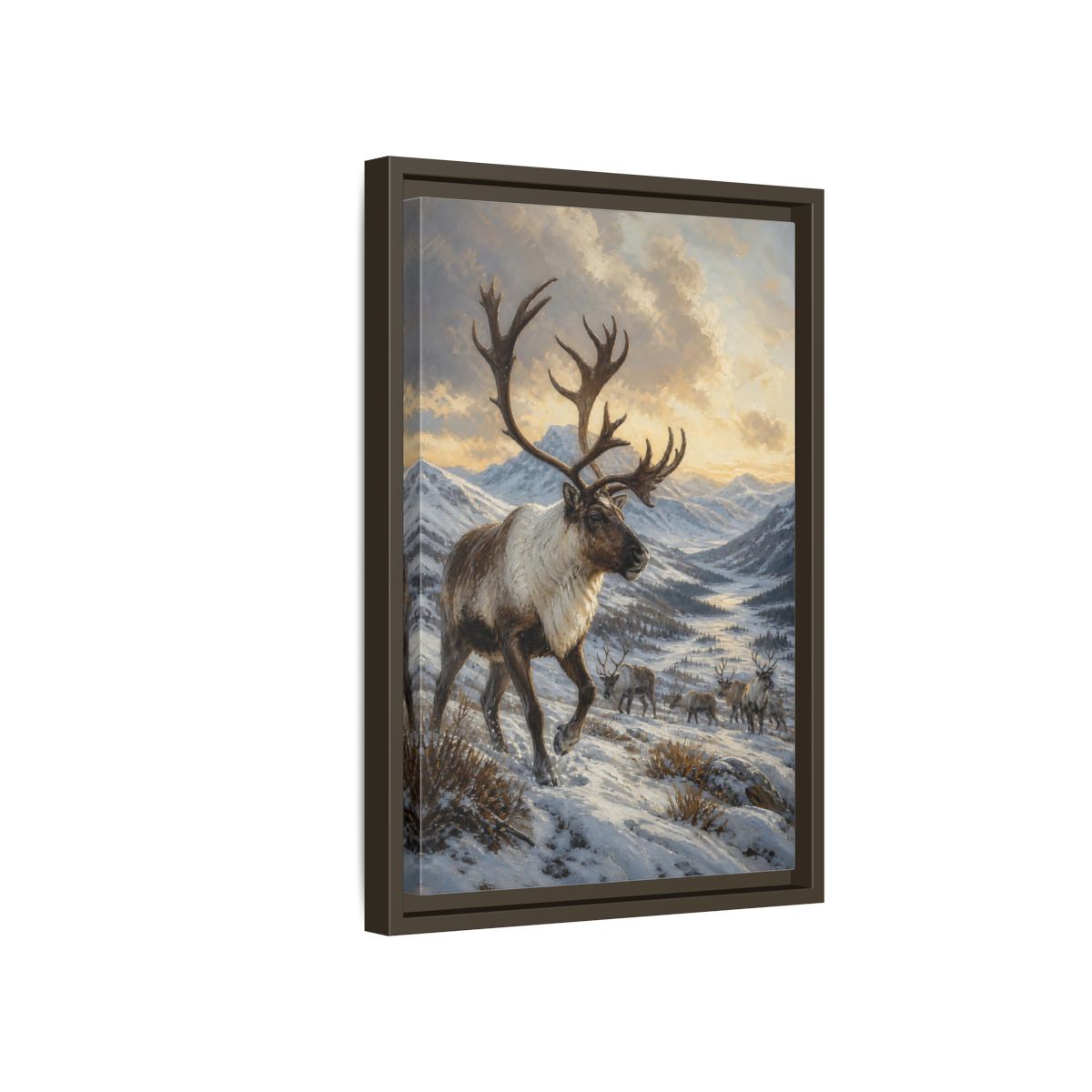 Side Mockup 5. Animals Reindeer Herd Winter Reindeer Scene shown as stretched canvas wall art