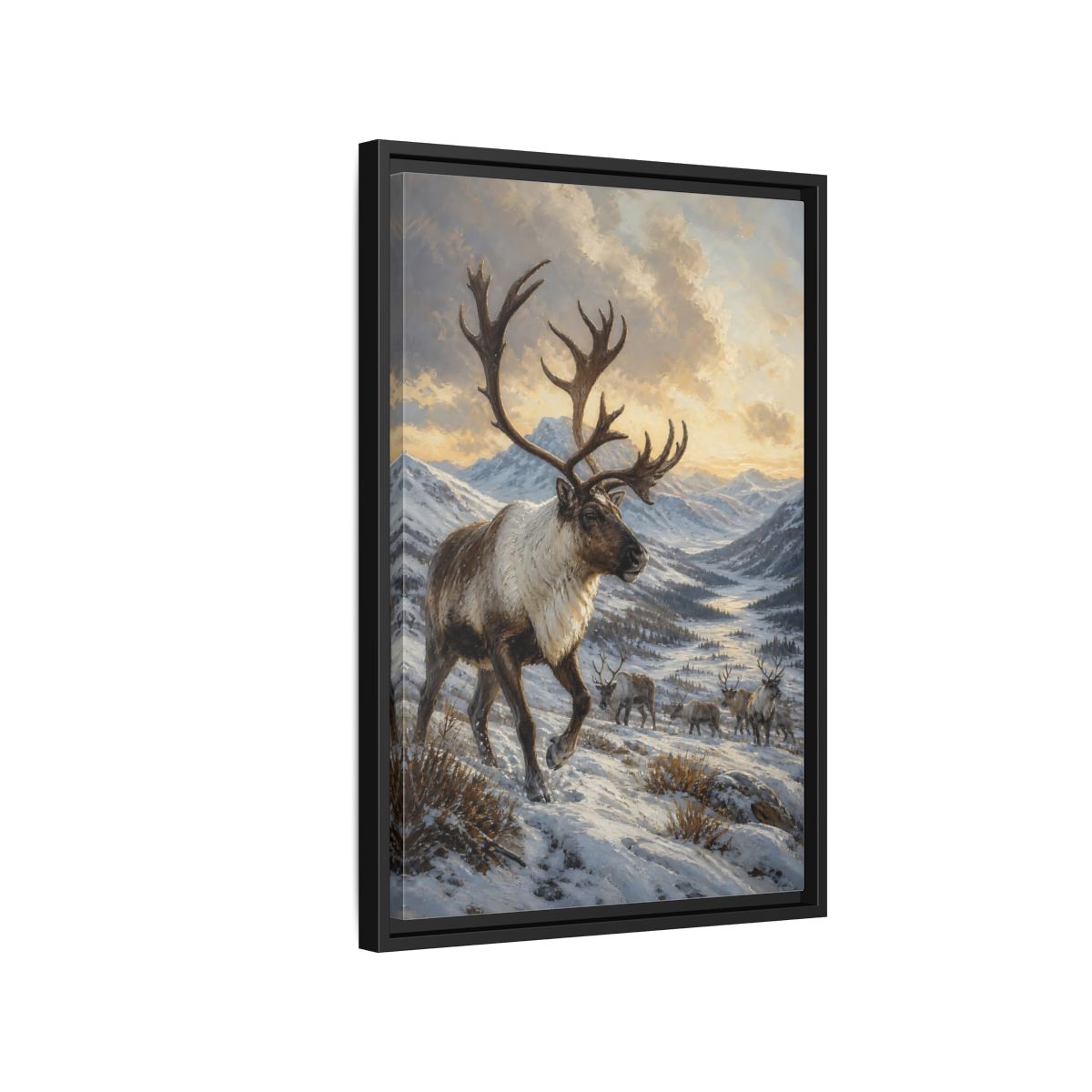 Side Mockup 3. Animals Reindeer Herd Winter Reindeer Scene shown as stretched canvas wall art