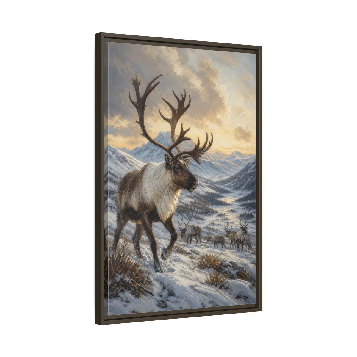 Side Mockup 11. Animals Reindeer Herd Winter Reindeer Scene shown as stretched canvas wall art