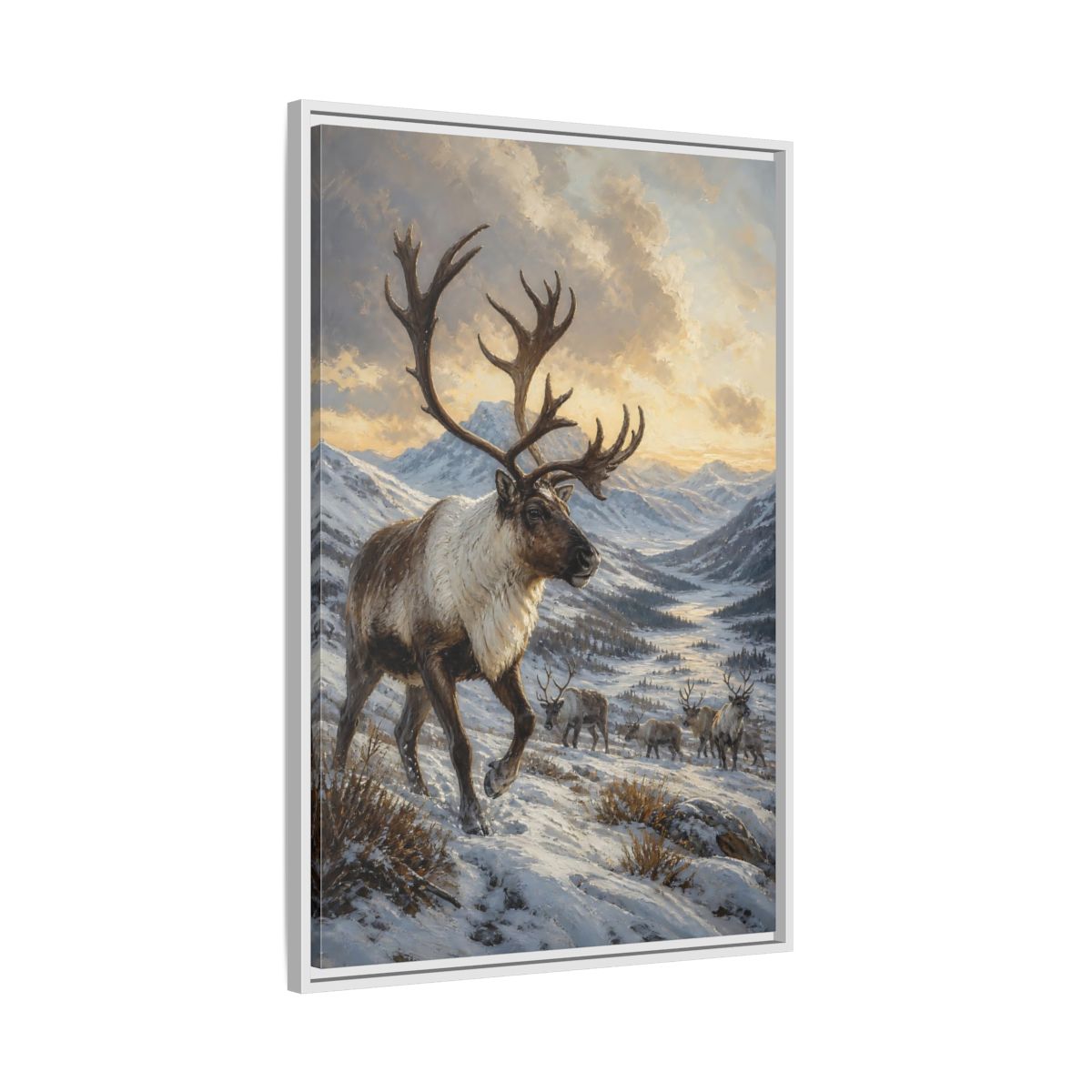 Side Mockup 9. Animals Reindeer Herd Winter Reindeer Scene shown as stretched canvas wall art