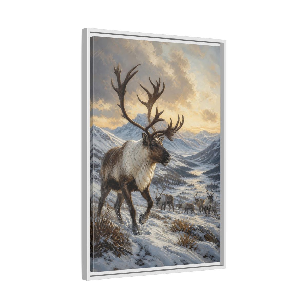 Side Mockup 10. Animals Reindeer Herd Winter Reindeer Scene shown as stretched canvas wall art