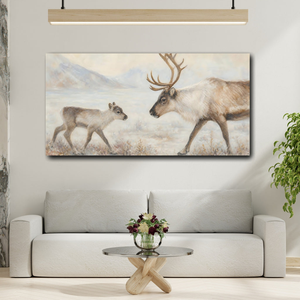 Mockup 2. Animals Reindeer Reindeer Snow shown as stretched canvas wall art
