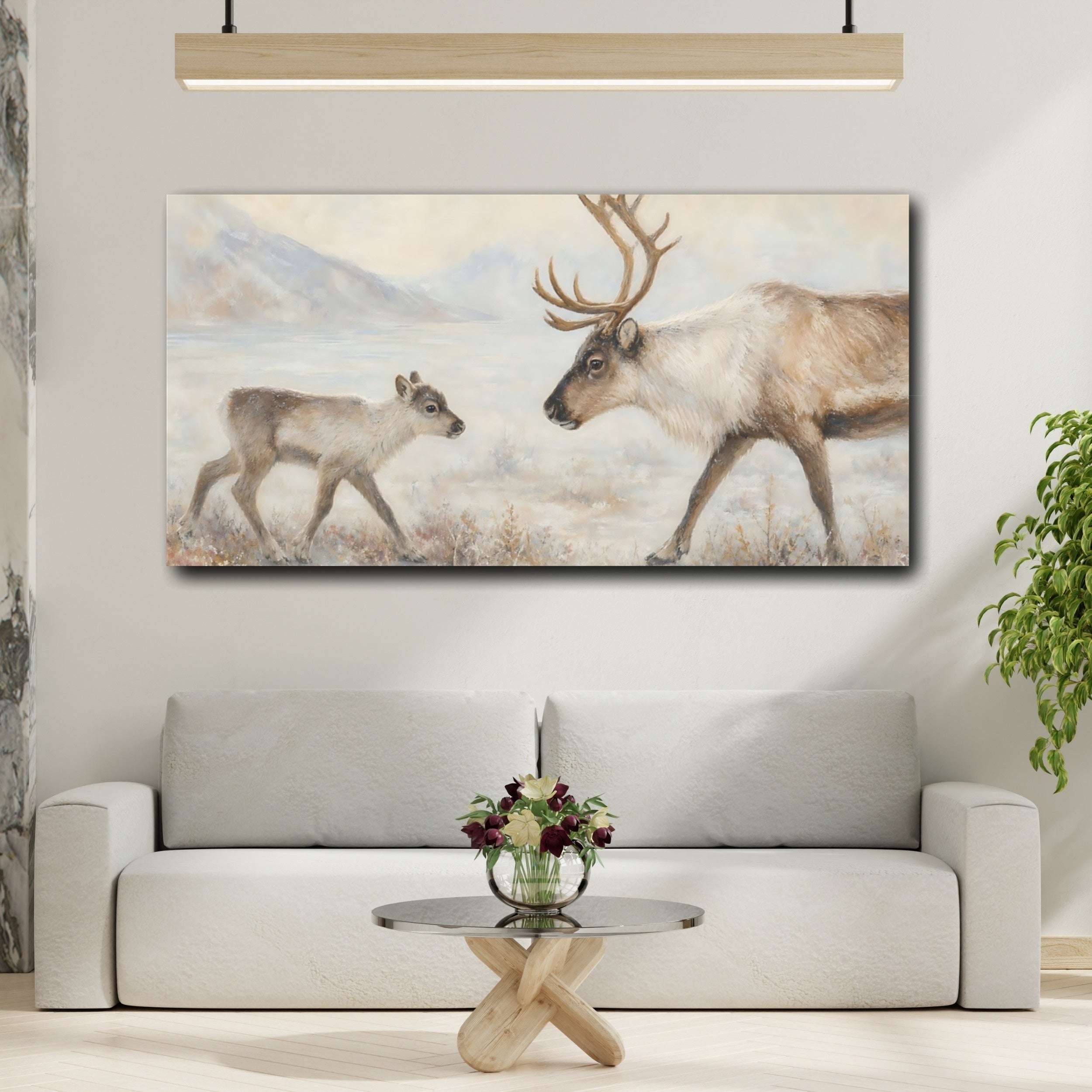 Mockup 2. Animals Reindeer Reindeer Snow shown as stretched canvas wall art