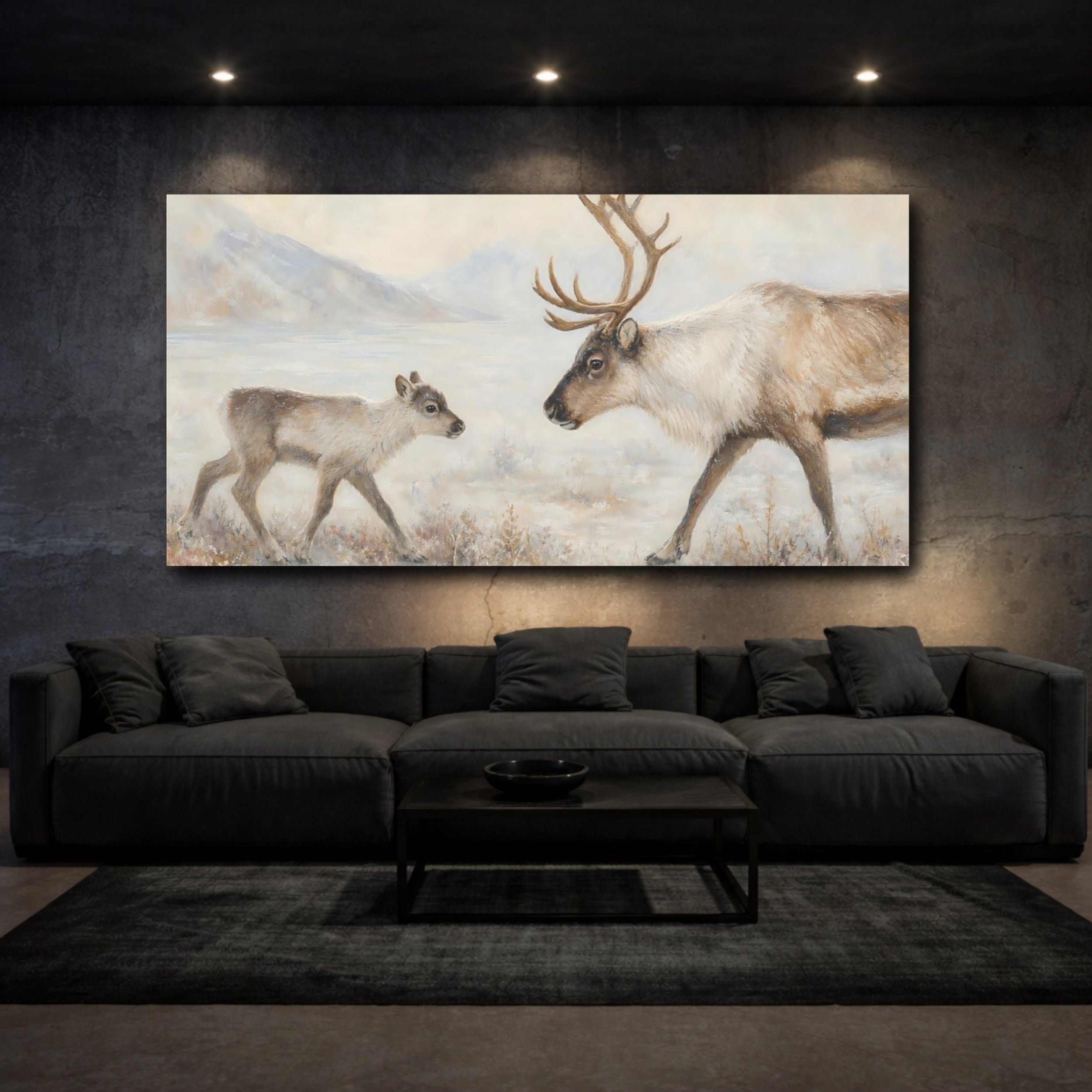 Mockup 3. Animals Reindeer Reindeer Snow shown as stretched canvas wall art