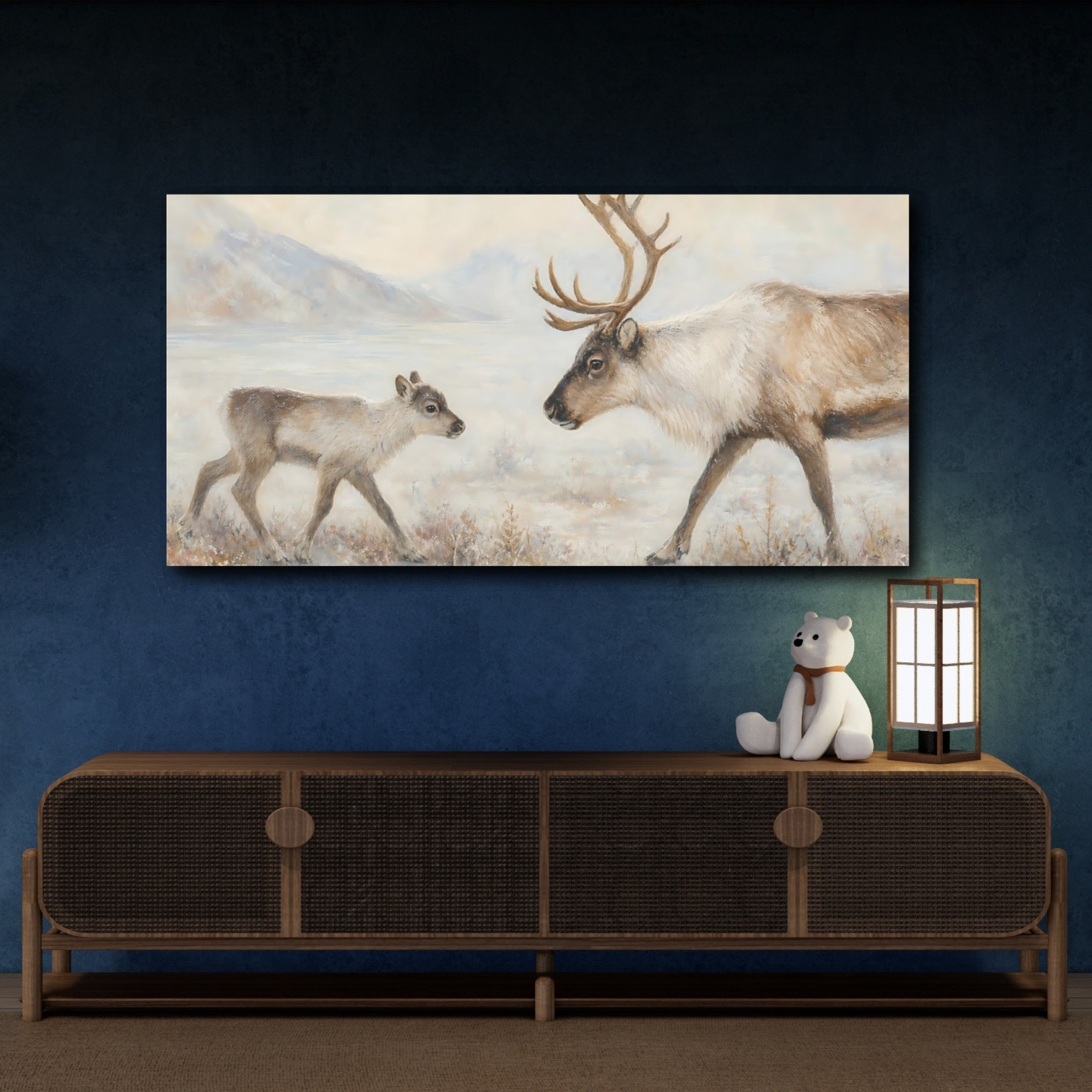 Mockup 4. Animals Reindeer Reindeer Snow shown as stretched canvas wall art