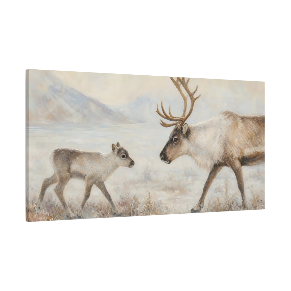 Side Mockup 2. Animals Reindeer Reindeer Snow shown as stretched canvas wall art