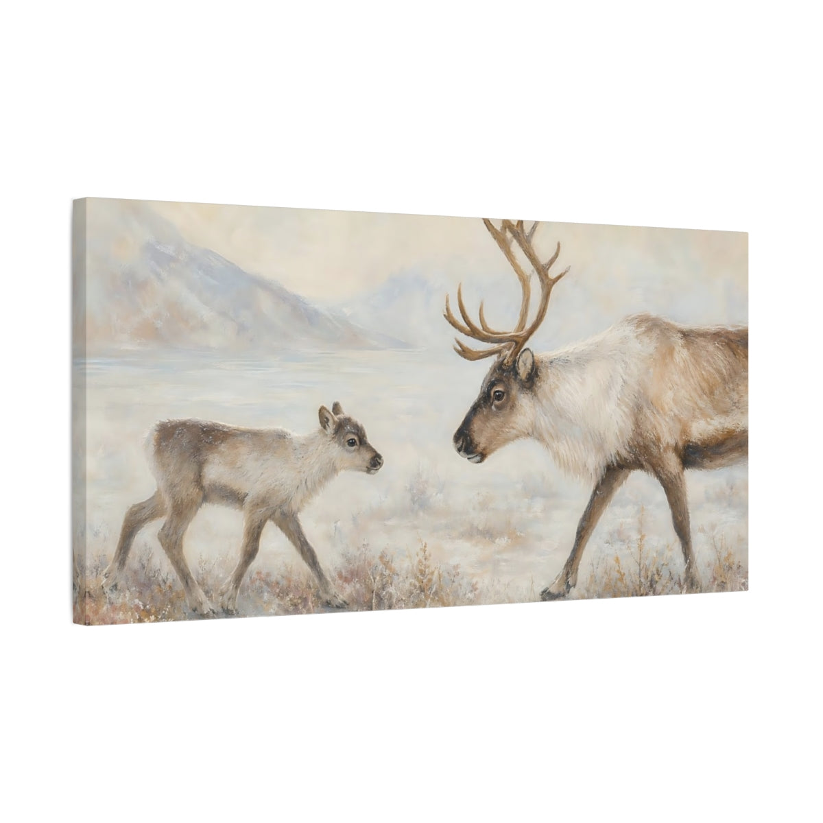 Side Mockup 1. Animals Reindeer Reindeer Snow shown as stretched canvas wall art