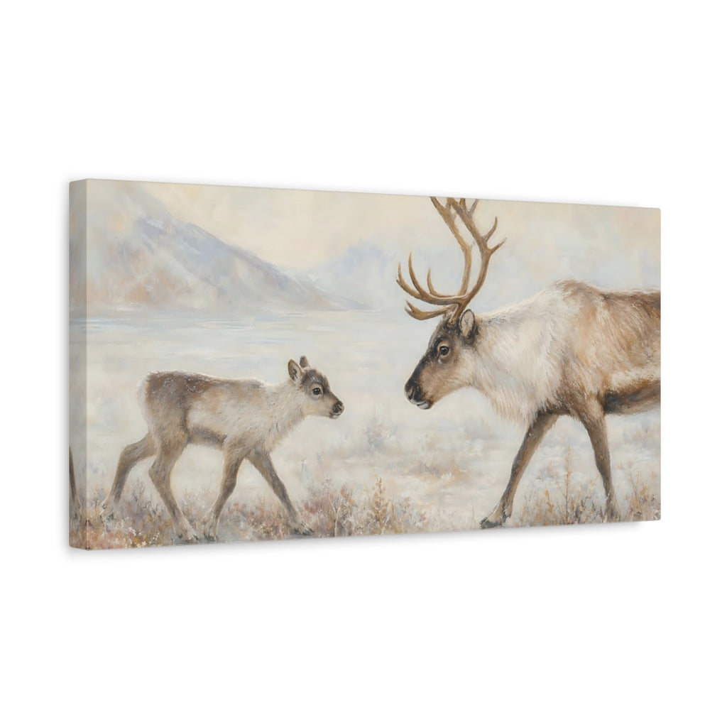 Side Mockup 3. Animals Reindeer Reindeer Snow shown as stretched canvas wall art