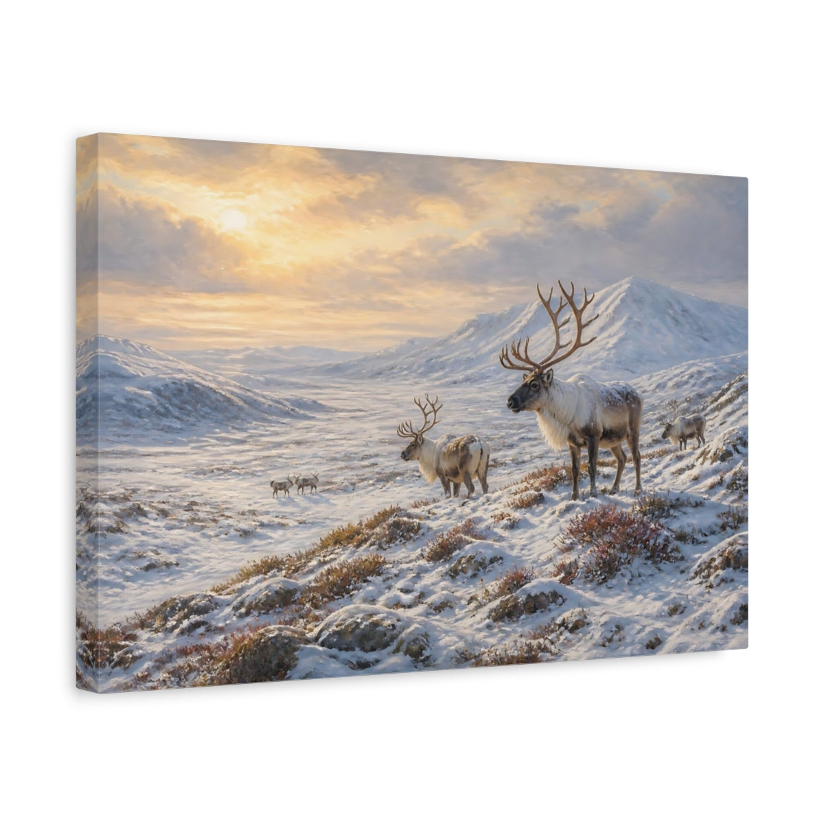 Side Mockup 4. Animals Reindeer Winter Reindeer Landscape shown as stretched canvas wall art