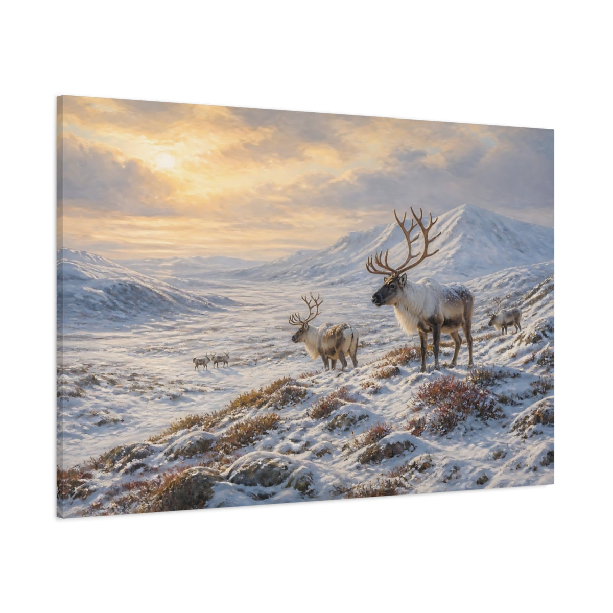 Side Mockup 1. Animals Reindeer Winter Reindeer Landscape shown as stretched canvas wall art
