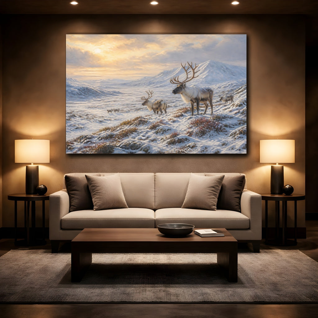 Mockup 2. Animals Reindeer Winter Reindeer Landscape shown as stretched canvas wall art