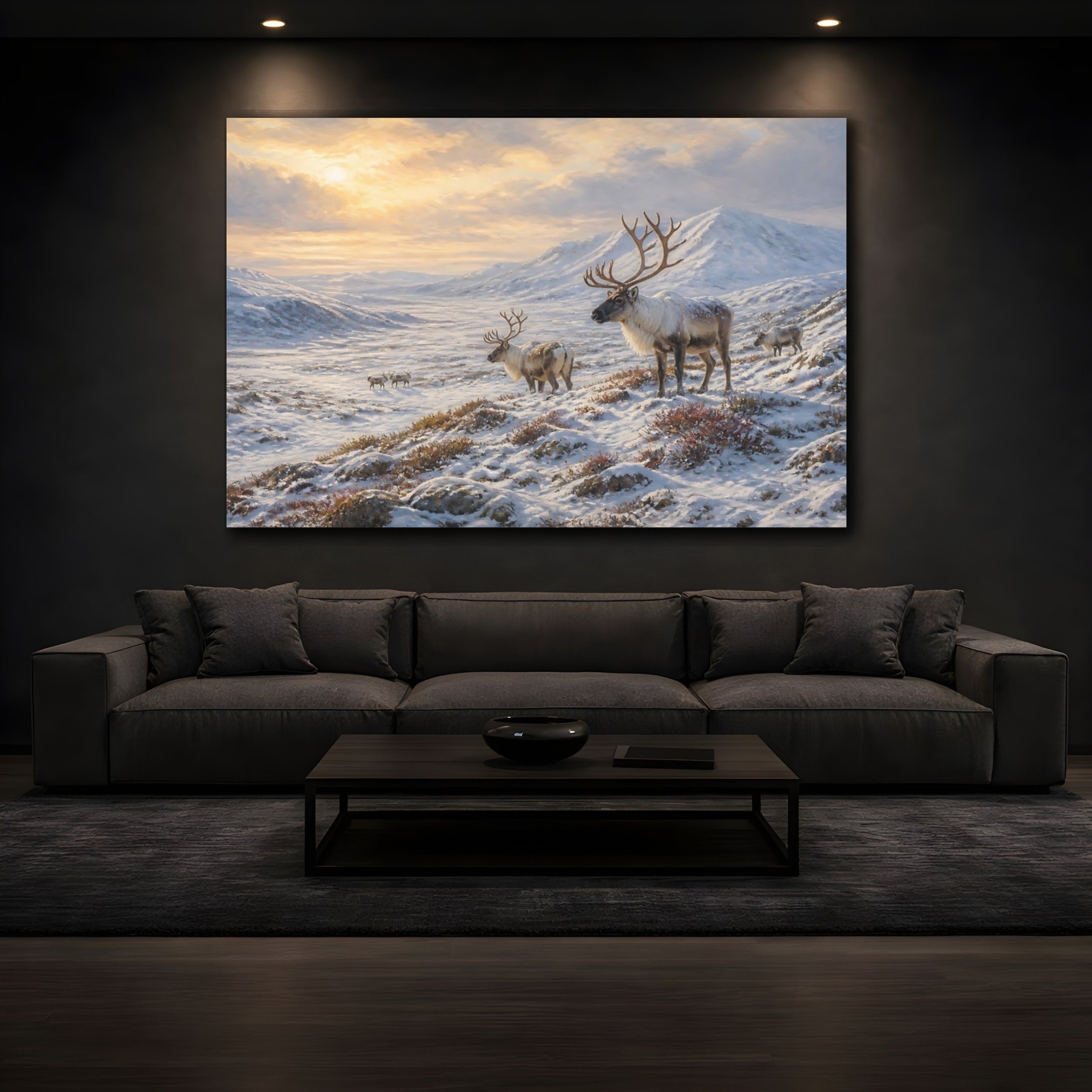Mockup 3. Animals Reindeer Winter Reindeer Landscape shown as stretched canvas wall art