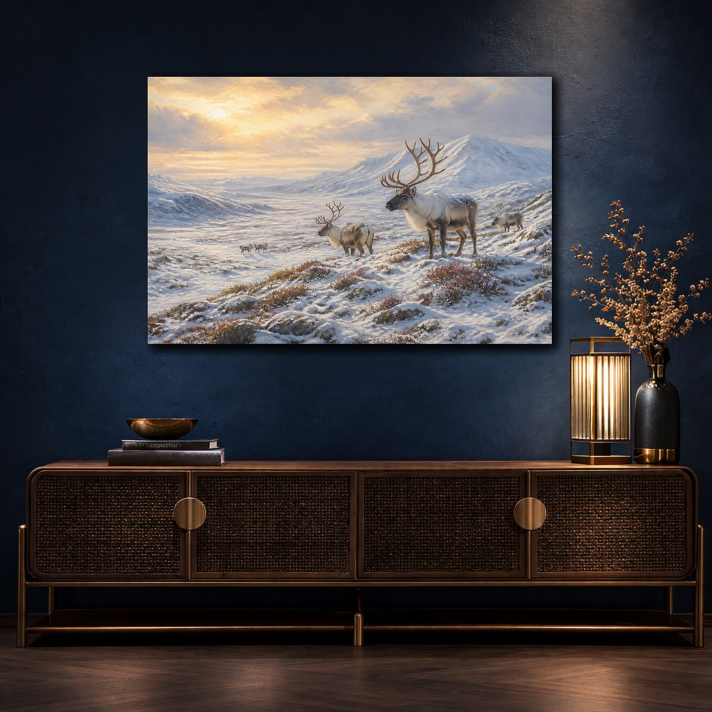 Mockup 4. Animals Reindeer Winter Reindeer Landscape shown as stretched canvas wall art
