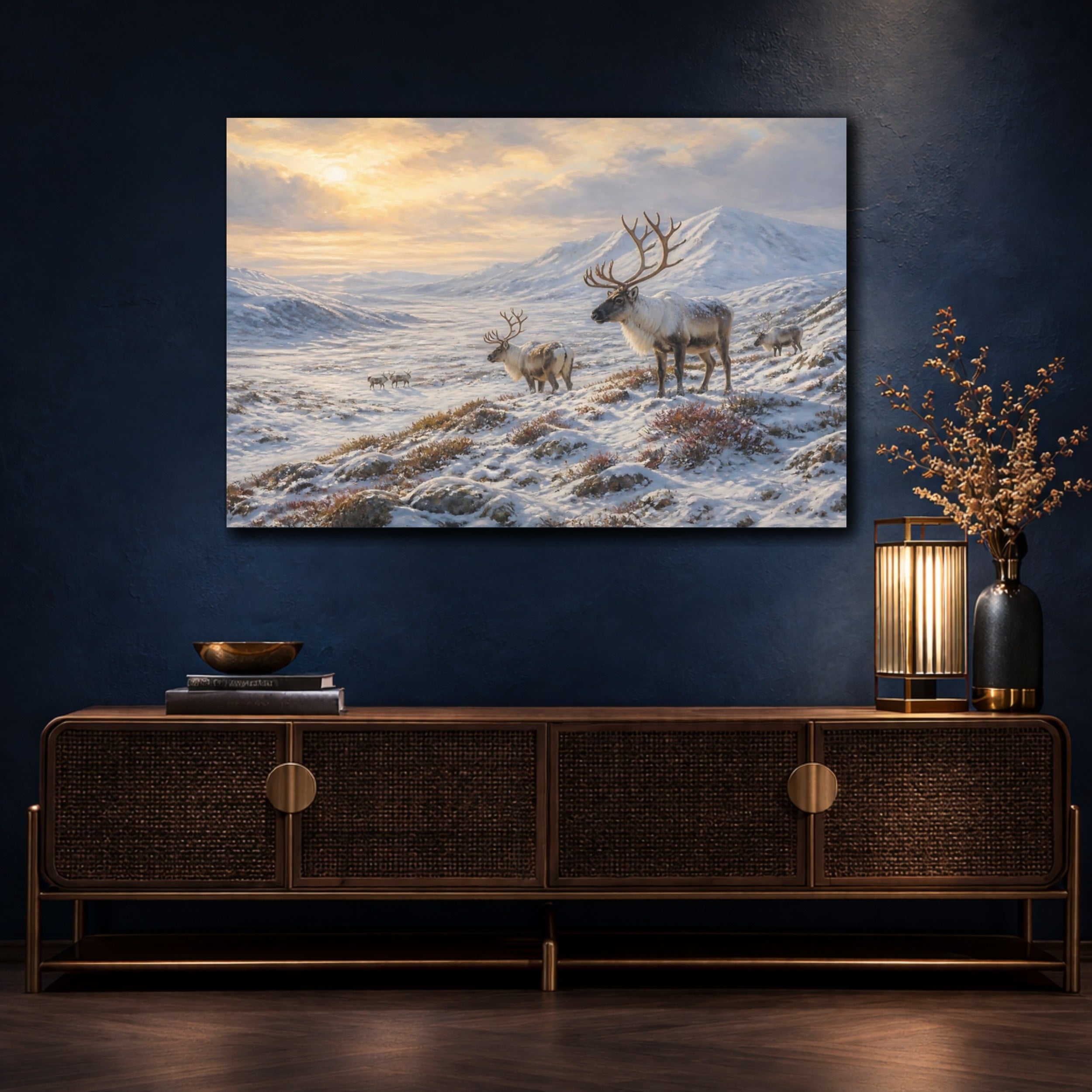 Mockup 4. Animals Reindeer Winter Reindeer Landscape shown as stretched canvas wall art