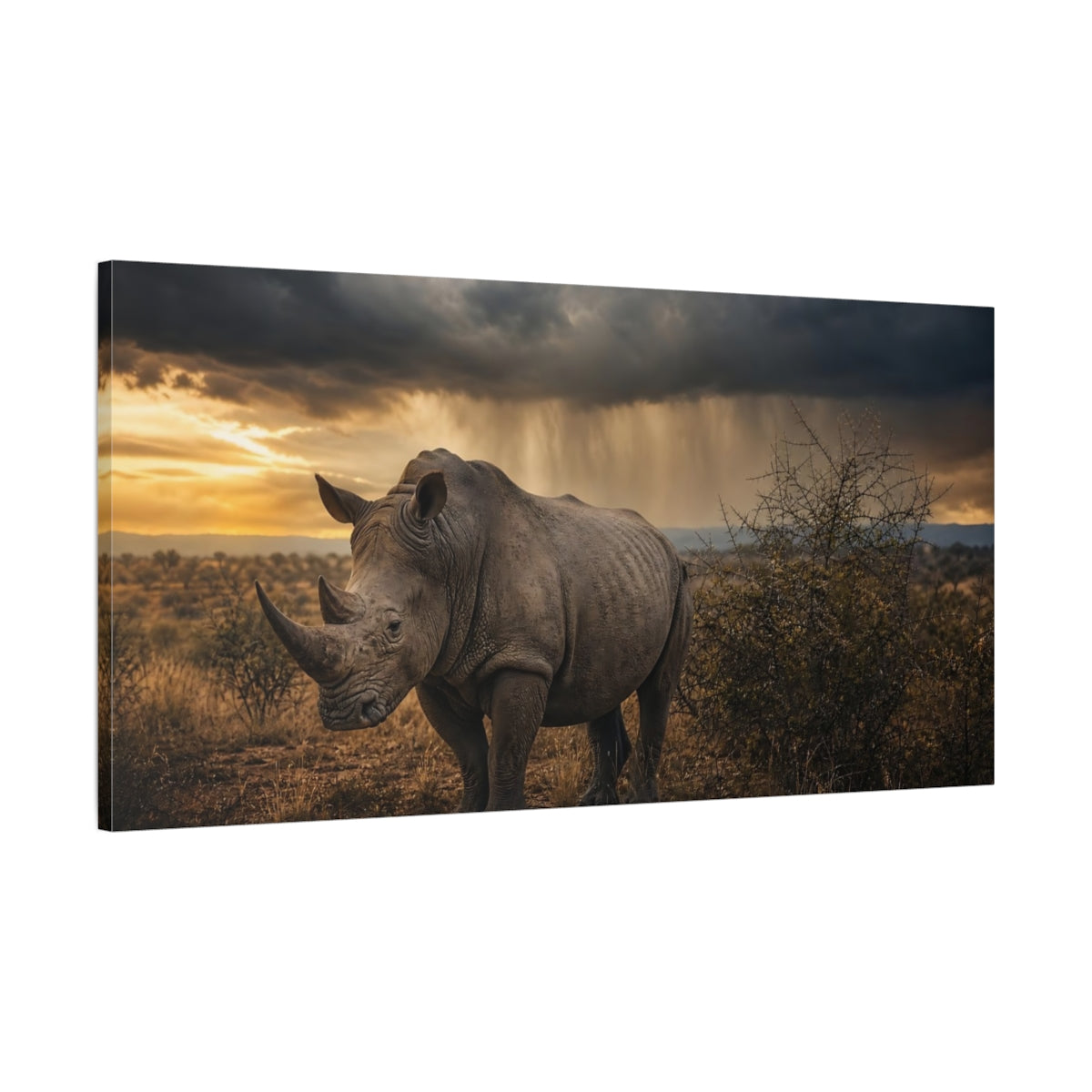 Main Mockup. Animals Rhino Brown And Grey Rhino shown as stretched canvas wall art