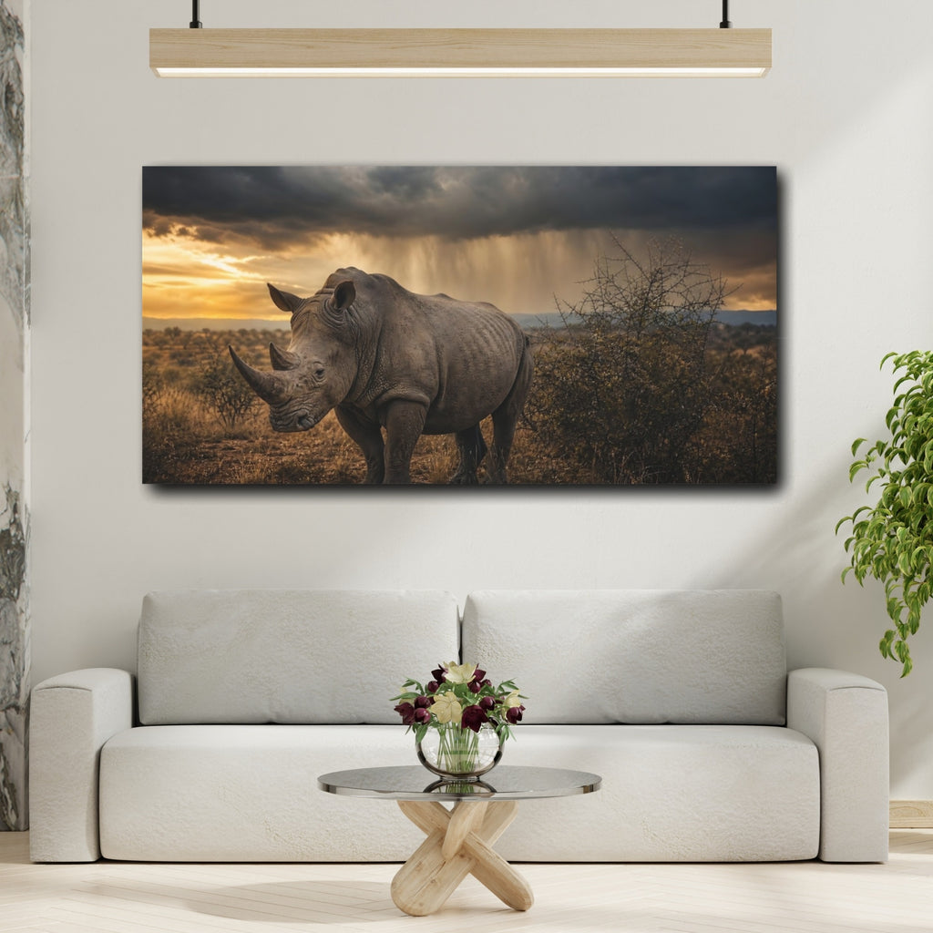Mockup 2. Animals Rhino Brown And Grey Rhino shown as stretched canvas wall art