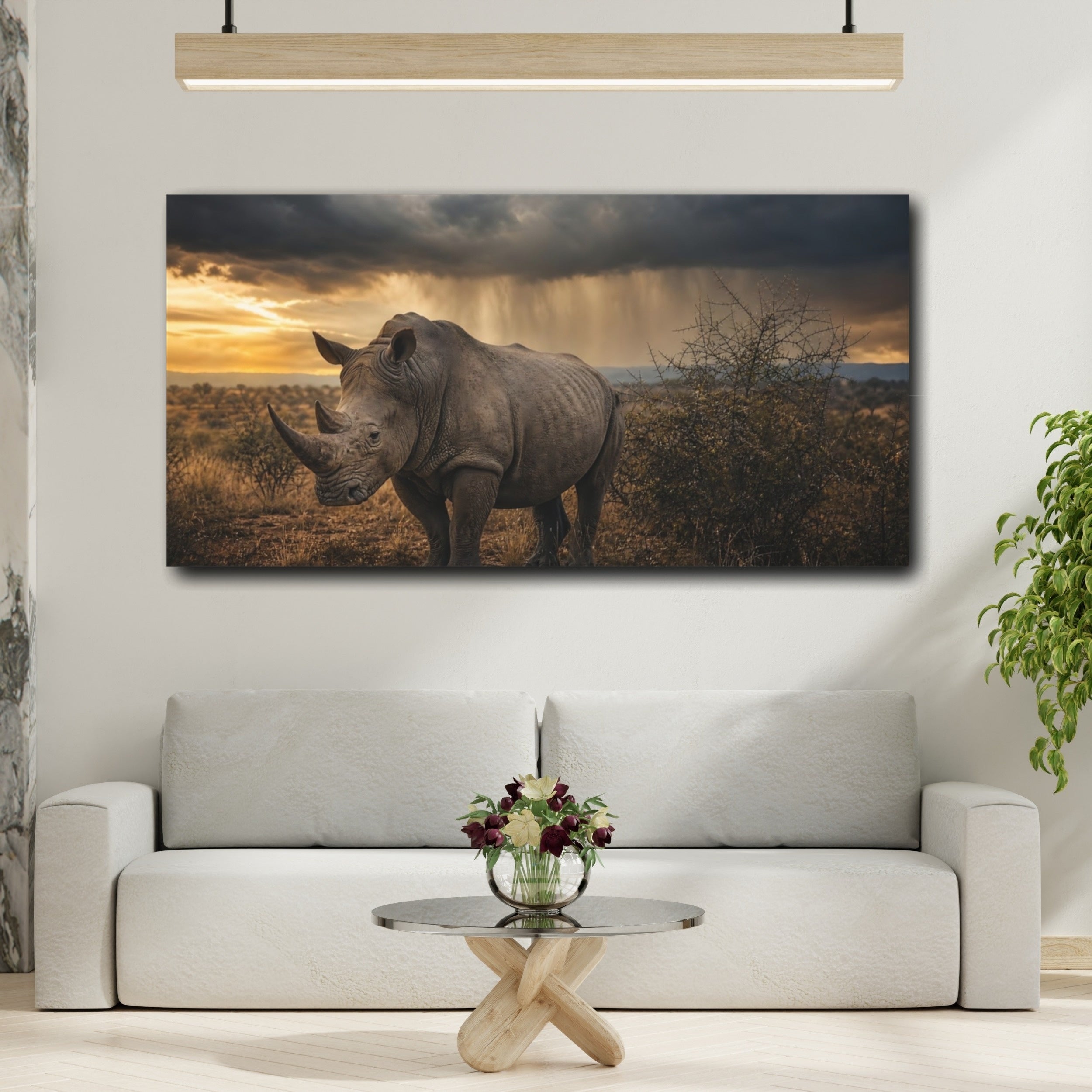 Mockup 2. Animals Rhino Brown And Grey Rhino shown as stretched canvas wall art
