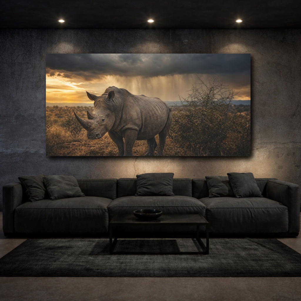 Mockup 3. Animals Rhino Brown And Grey Rhino shown as stretched canvas wall art