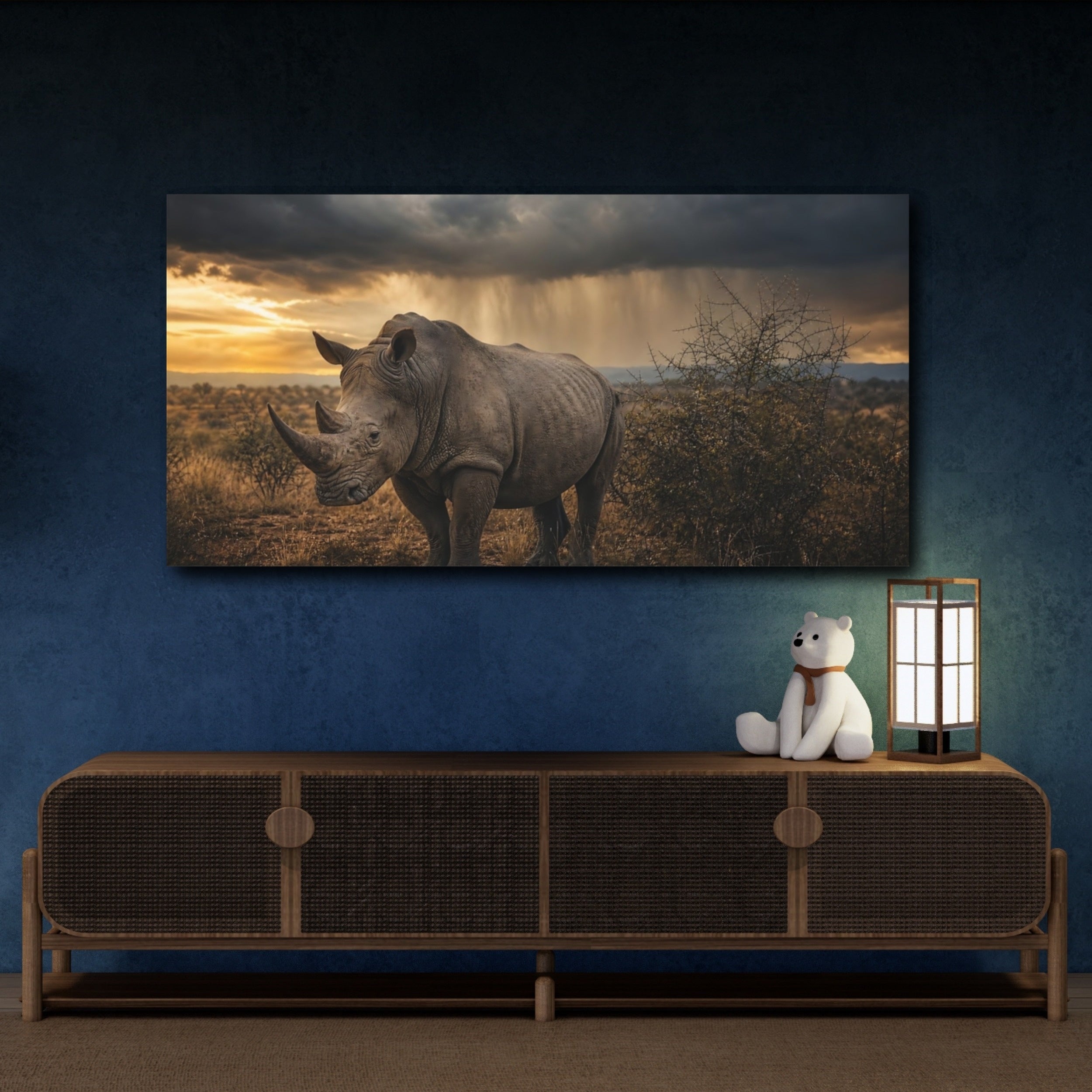 Mockup 4. Animals Rhino Brown And Grey Rhino shown as stretched canvas wall art