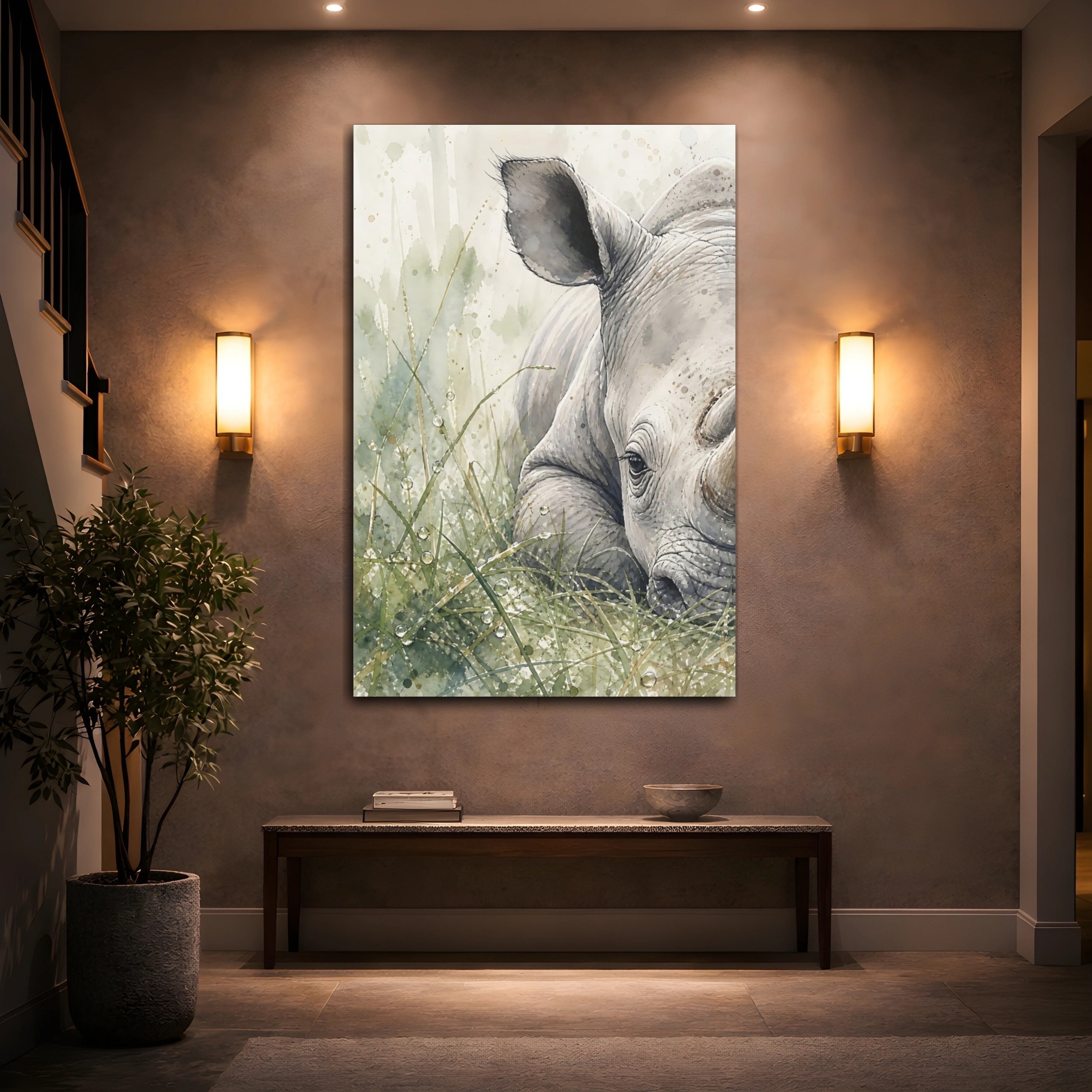 Mockup 2. Animals Rhino Rhino Watercolor shown as stretched canvas wall art