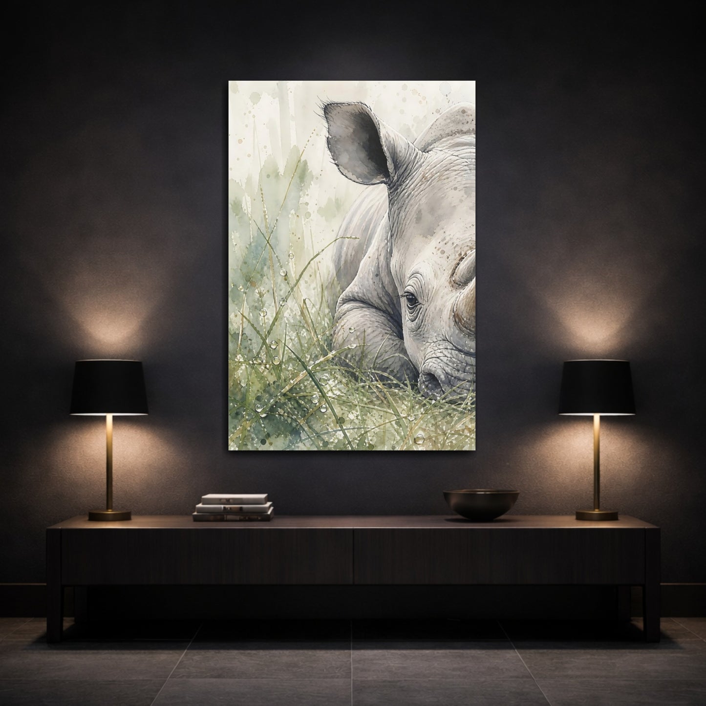 Mockup 3. Animals Rhino Rhino Watercolor shown as stretched canvas wall art