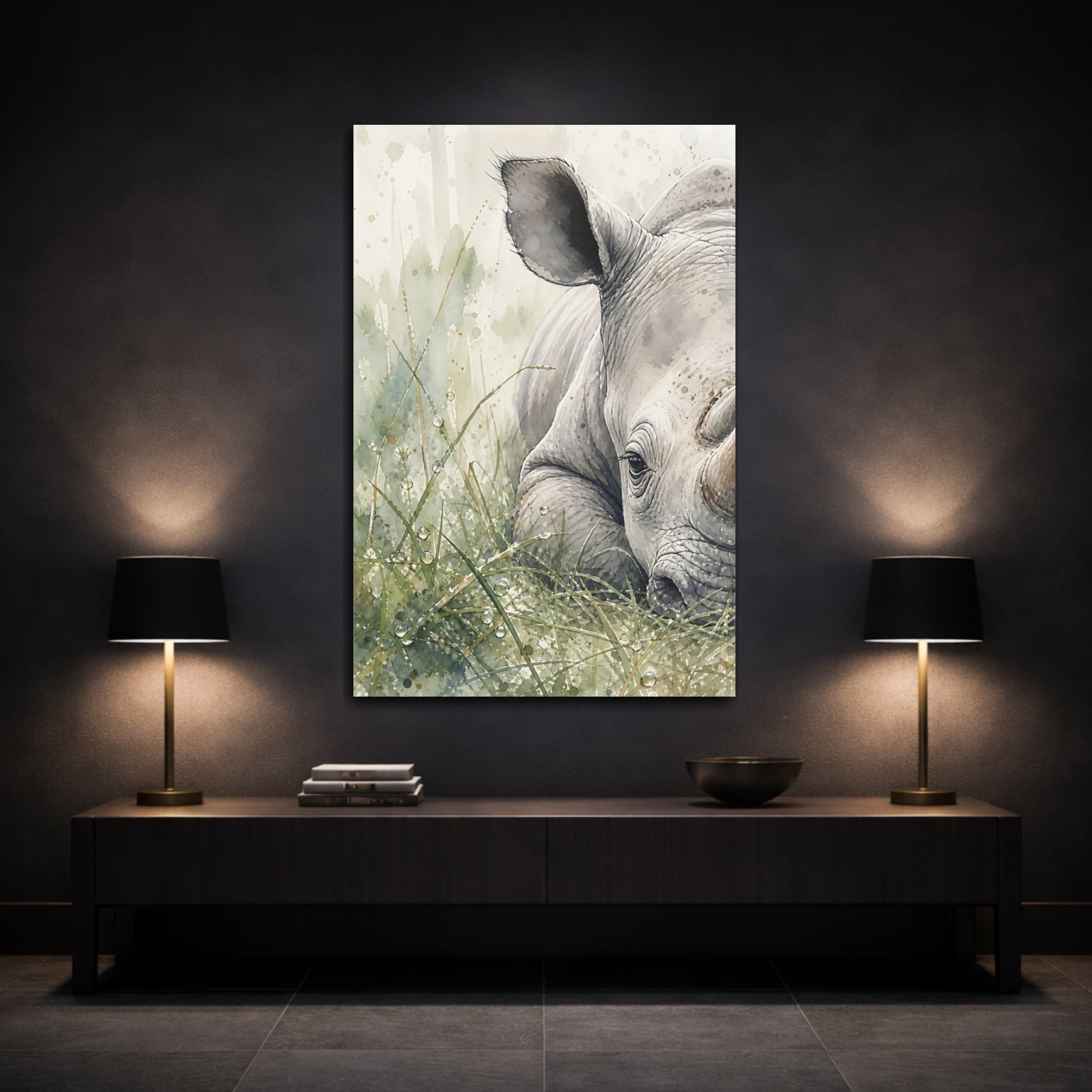Mockup 3. Animals Rhino Rhino Watercolor shown as stretched canvas wall art