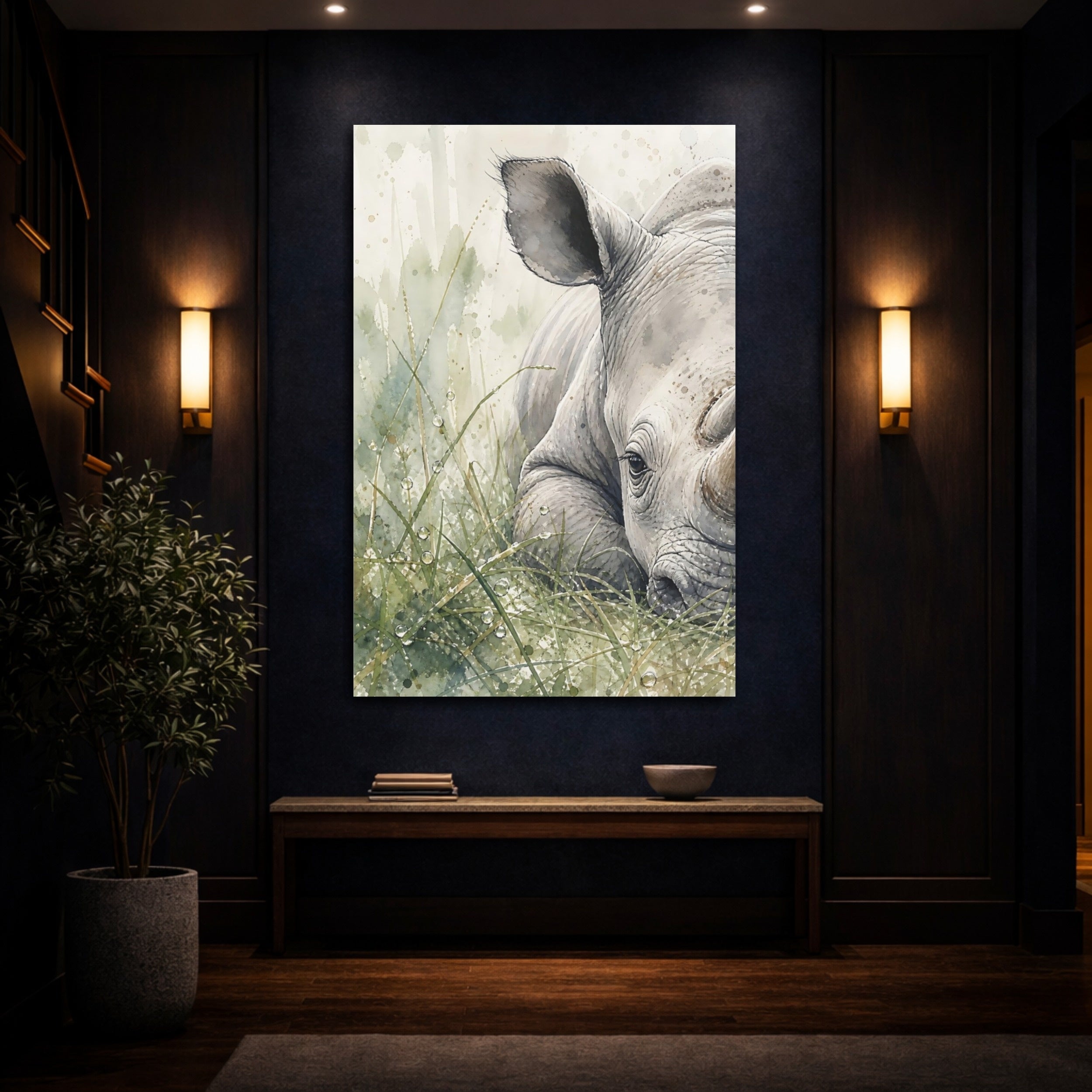 Mockup 4. Animals Rhino Rhino Watercolor shown as stretched canvas wall art