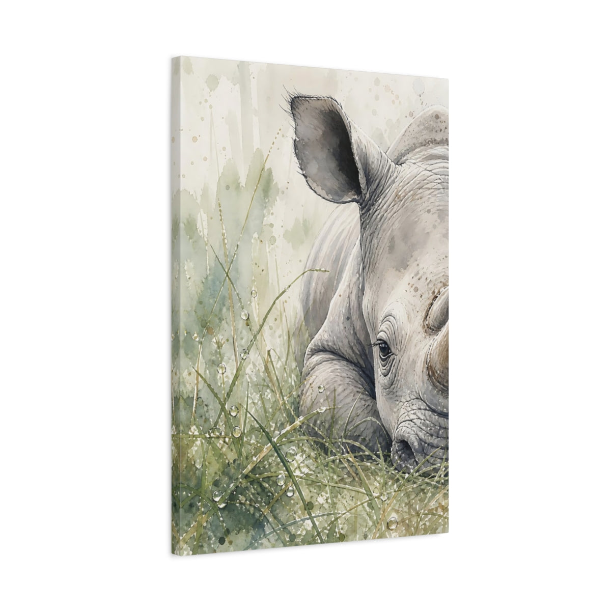 Side Mockup 2. Animals Rhino Rhino Watercolor shown as stretched canvas wall art