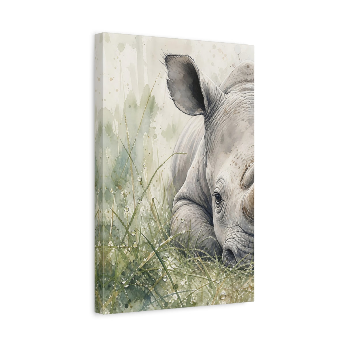 Side Mockup 4. Animals Rhino Rhino Watercolor shown as stretched canvas wall art