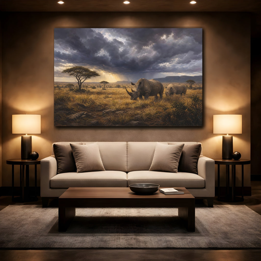 Mockup 2. Animals Rhinos Rhino Savanna Storm shown as stretched canvas wall art