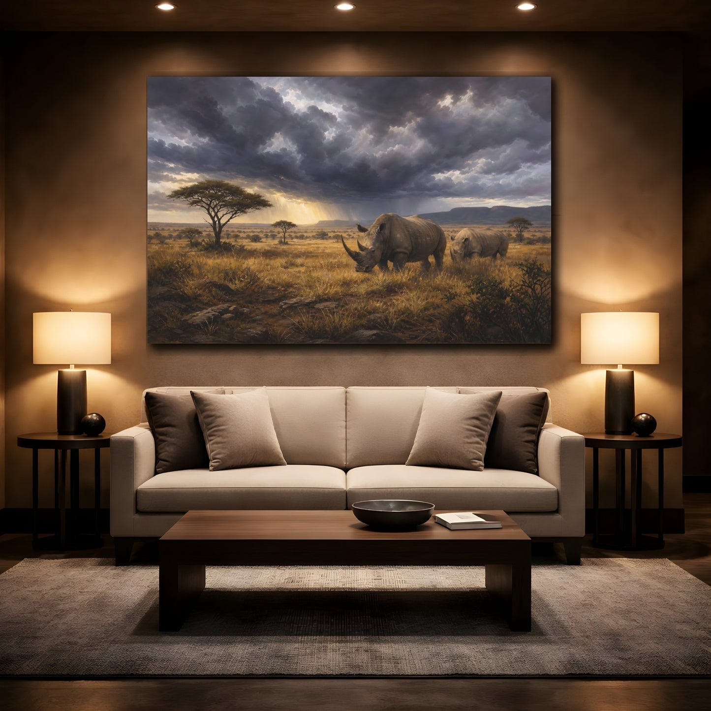 Mockup 2. Animals Rhinos Rhino Savanna Storm shown as stretched canvas wall art