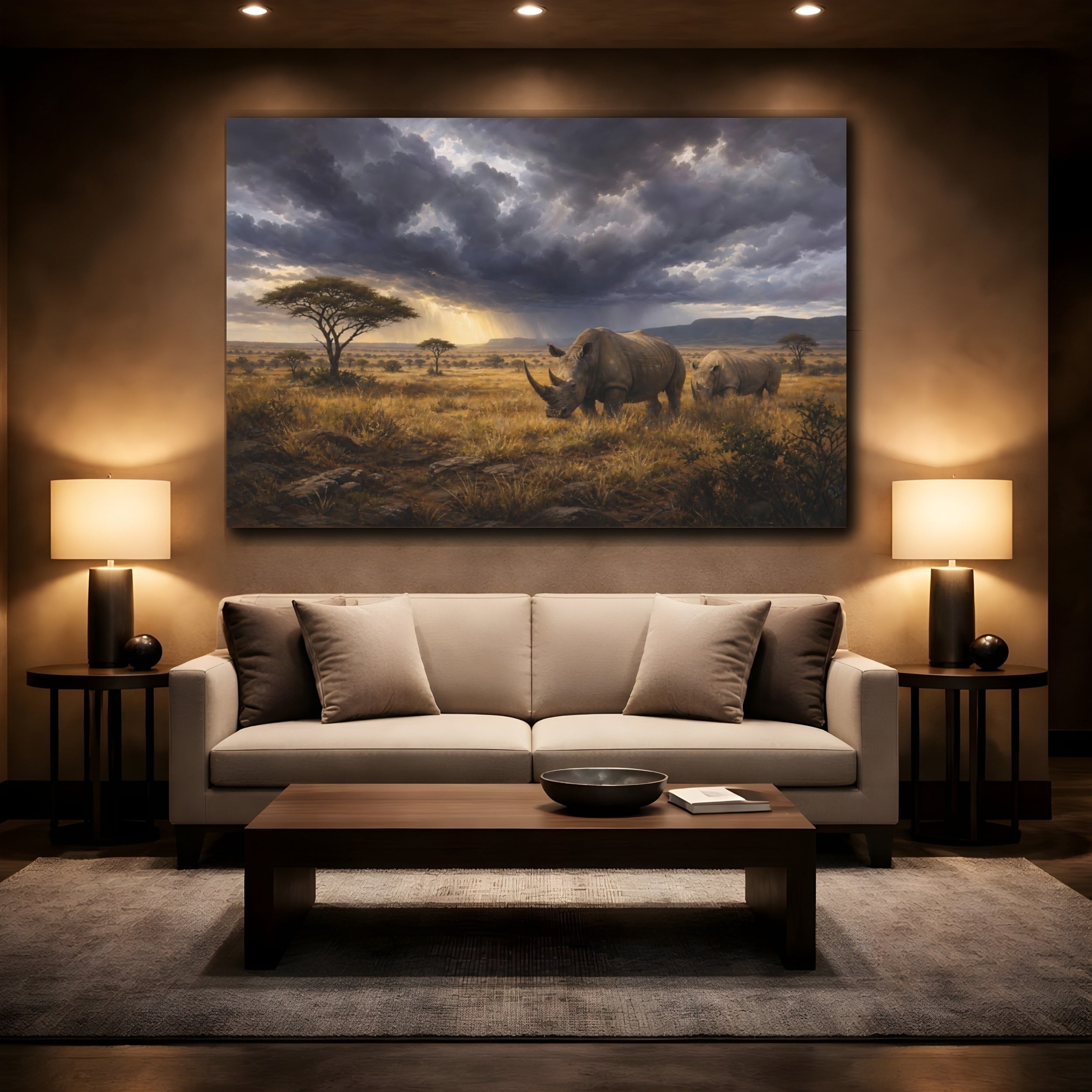 Mockup 2. Animals Rhinos Rhino Savanna Storm shown as stretched canvas wall art