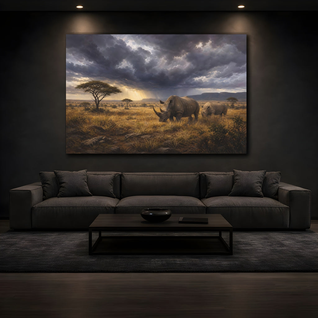Mockup 3. Animals Rhinos Rhino Savanna Storm shown as stretched canvas wall art