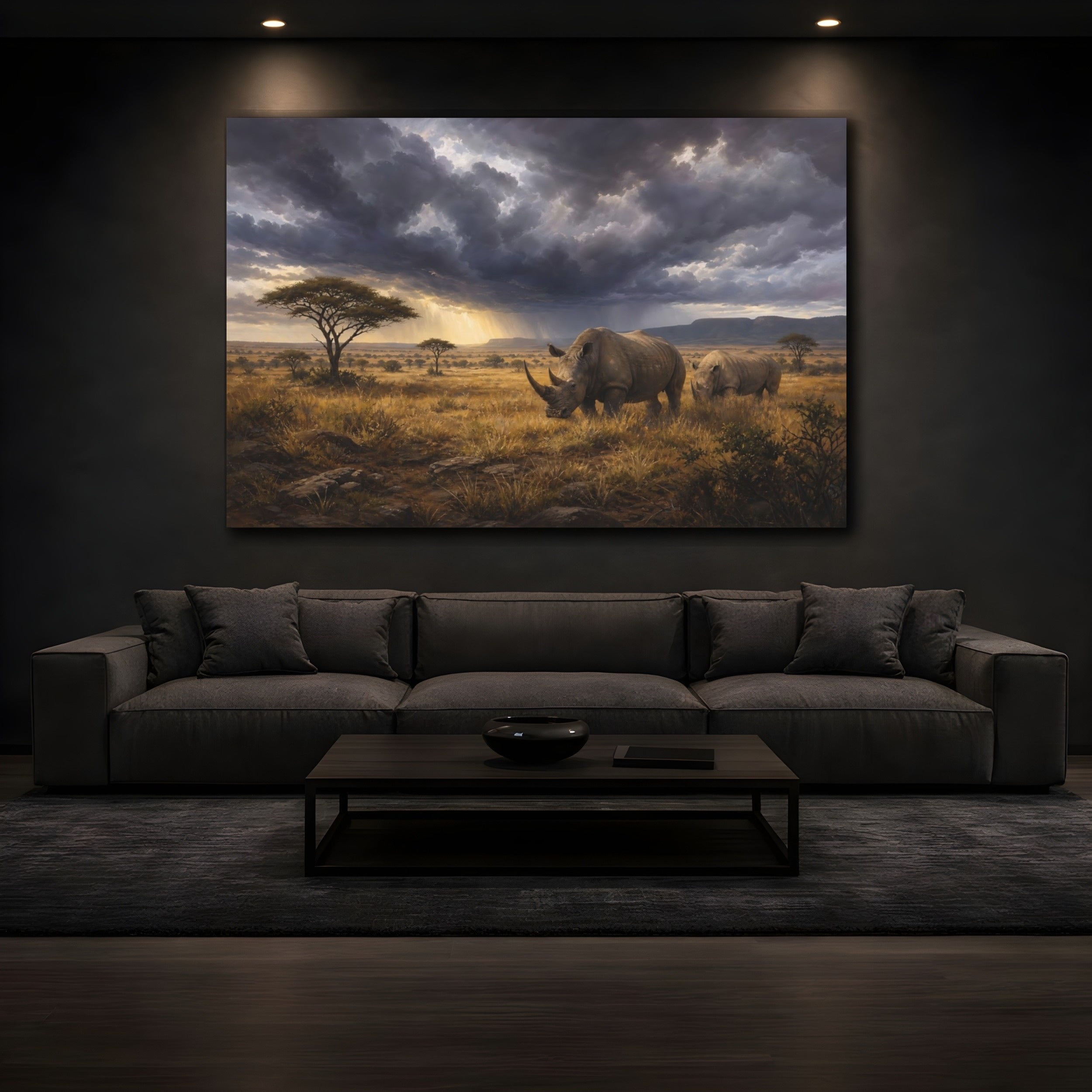 Mockup 3. Animals Rhinos Rhino Savanna Storm shown as stretched canvas wall art
