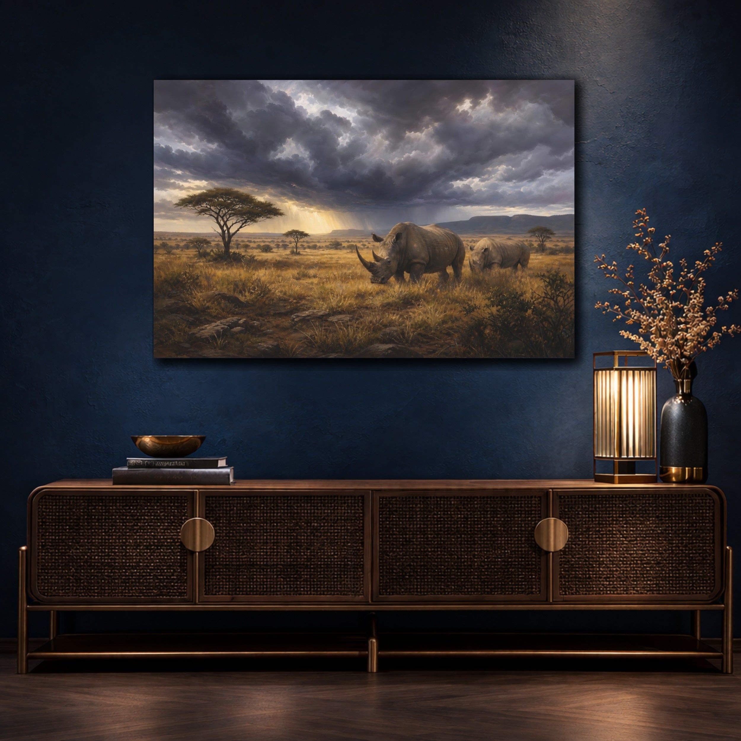 Mockup 4. Animals Rhinos Rhino Savanna Storm shown as stretched canvas wall art