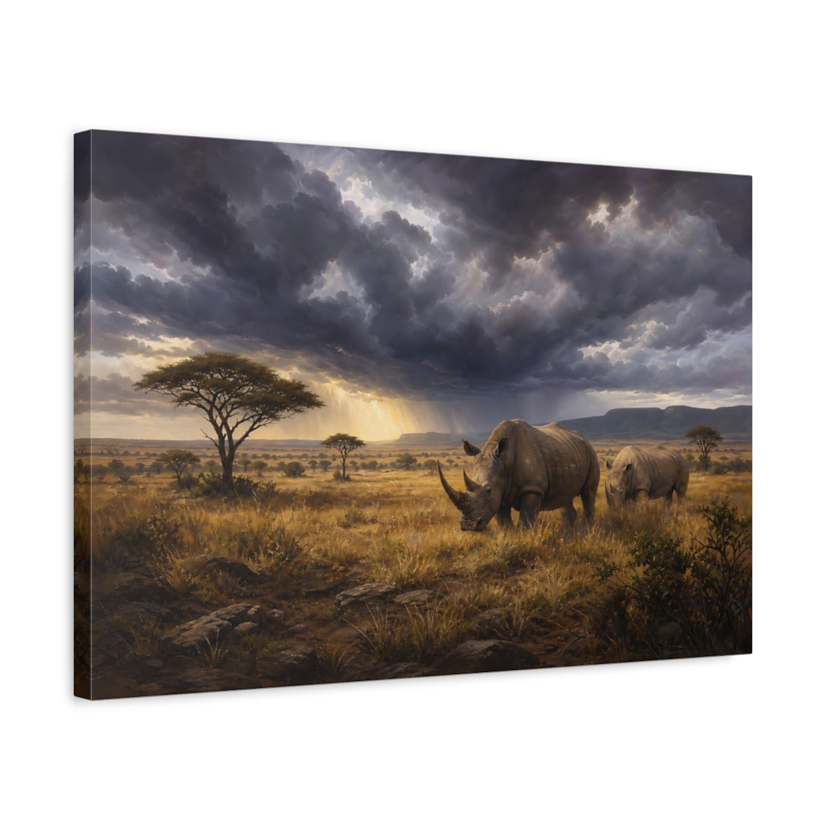 Side Mockup 3. Animals Rhinos Rhino Savanna Storm shown as stretched canvas wall art