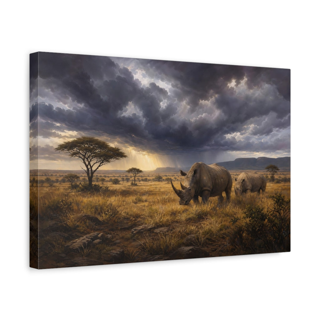 Side Mockup 4. Animals Rhinos Rhino Savanna Storm shown as stretched canvas wall art