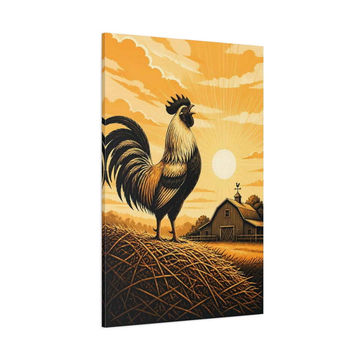 Side Mockup 1. Animals Rooster Orange Farm Rooster shown as stretched canvas wall art