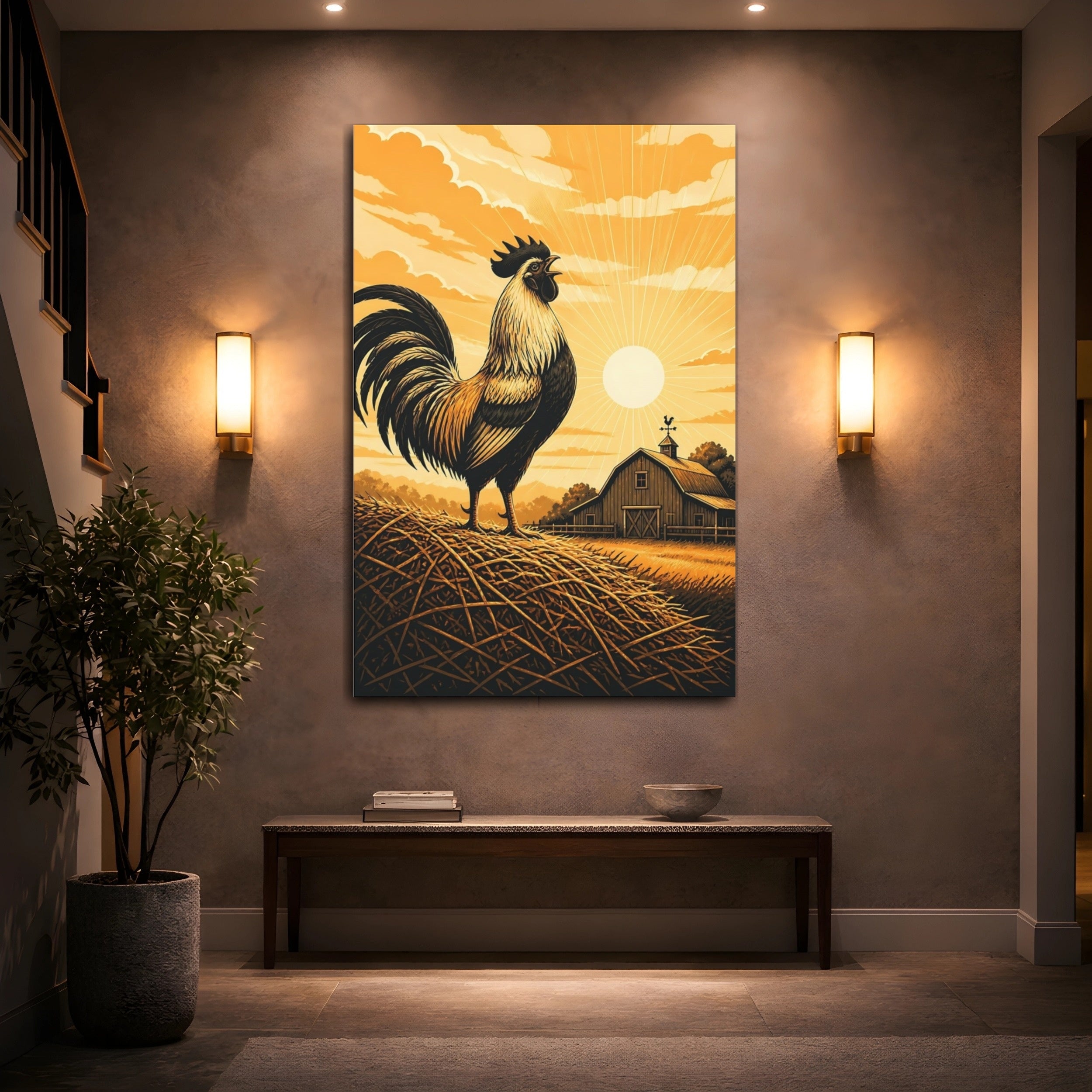 Mockup 2. Animals Rooster Orange Farm Rooster shown as stretched canvas wall art