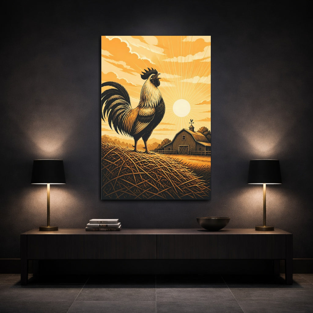 Mockup 3. Animals Rooster Orange Farm Rooster shown as stretched canvas wall art