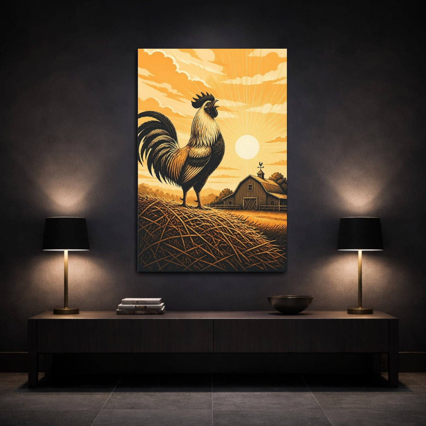 Mockup 3. Animals Rooster Orange Farm Rooster shown as stretched canvas wall art