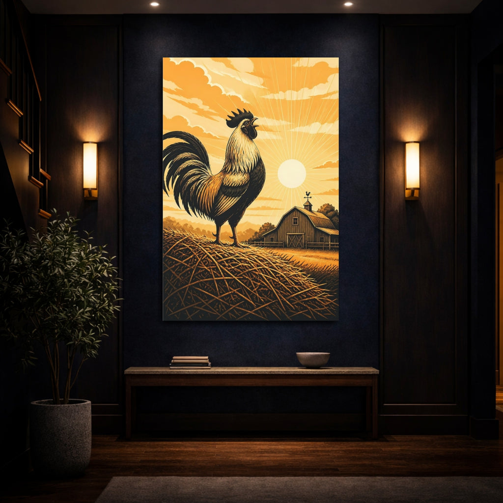 Mockup 4. Animals Rooster Orange Farm Rooster shown as stretched canvas wall art