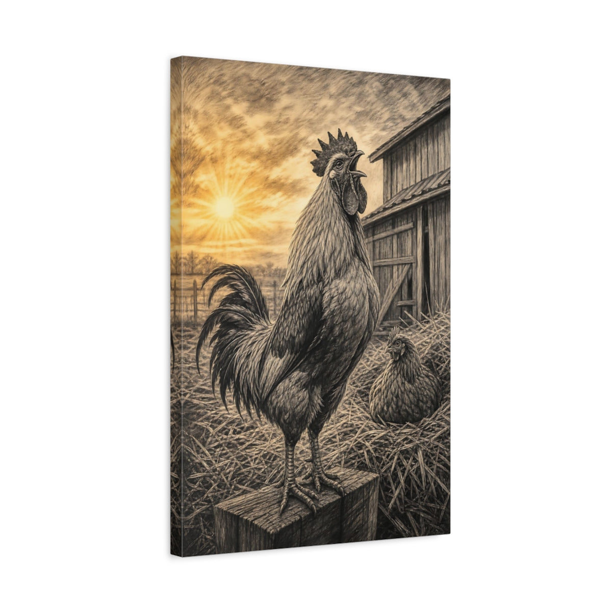 Side Mockup 3. Animals Rooster Sepia Rooster Farm shown as stretched canvas wall art
