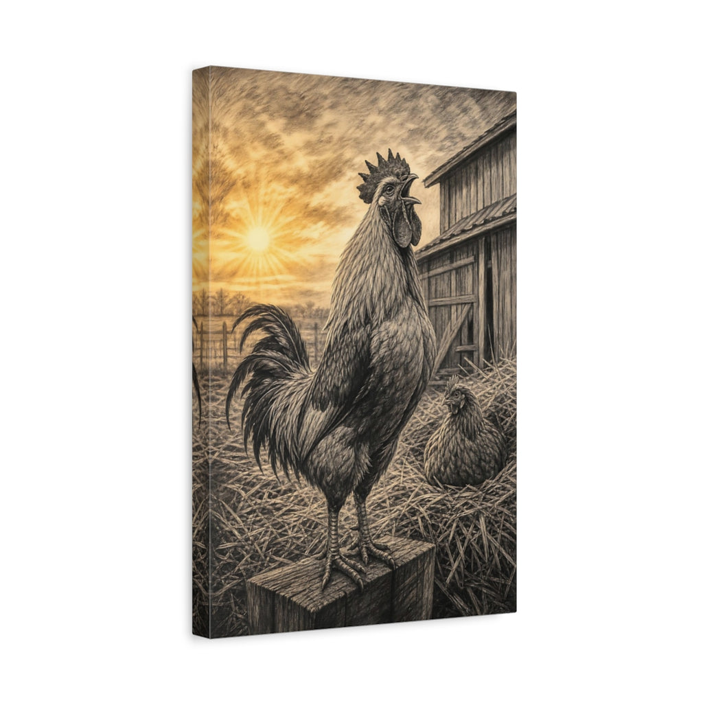 Side Mockup 4. Animals Rooster Sepia Rooster Farm shown as stretched canvas wall art