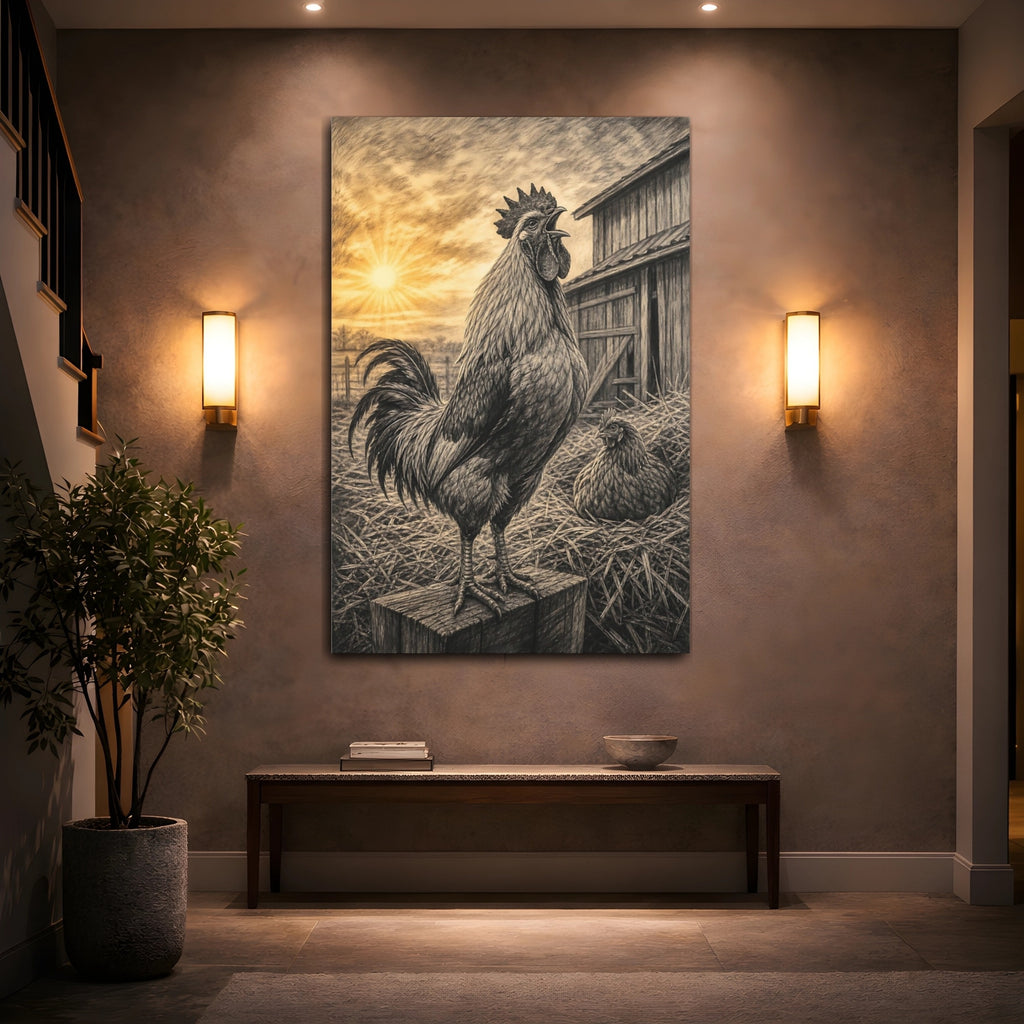 Mockup 2. Animals Rooster Sepia Rooster Farm shown as stretched canvas wall art