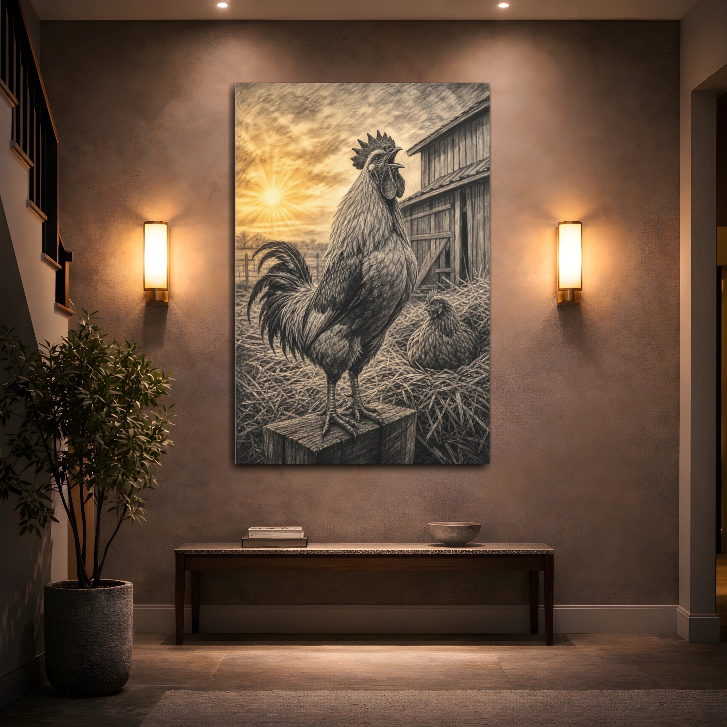 Mockup 2. Animals Rooster Sepia Rooster Farm shown as stretched canvas wall art