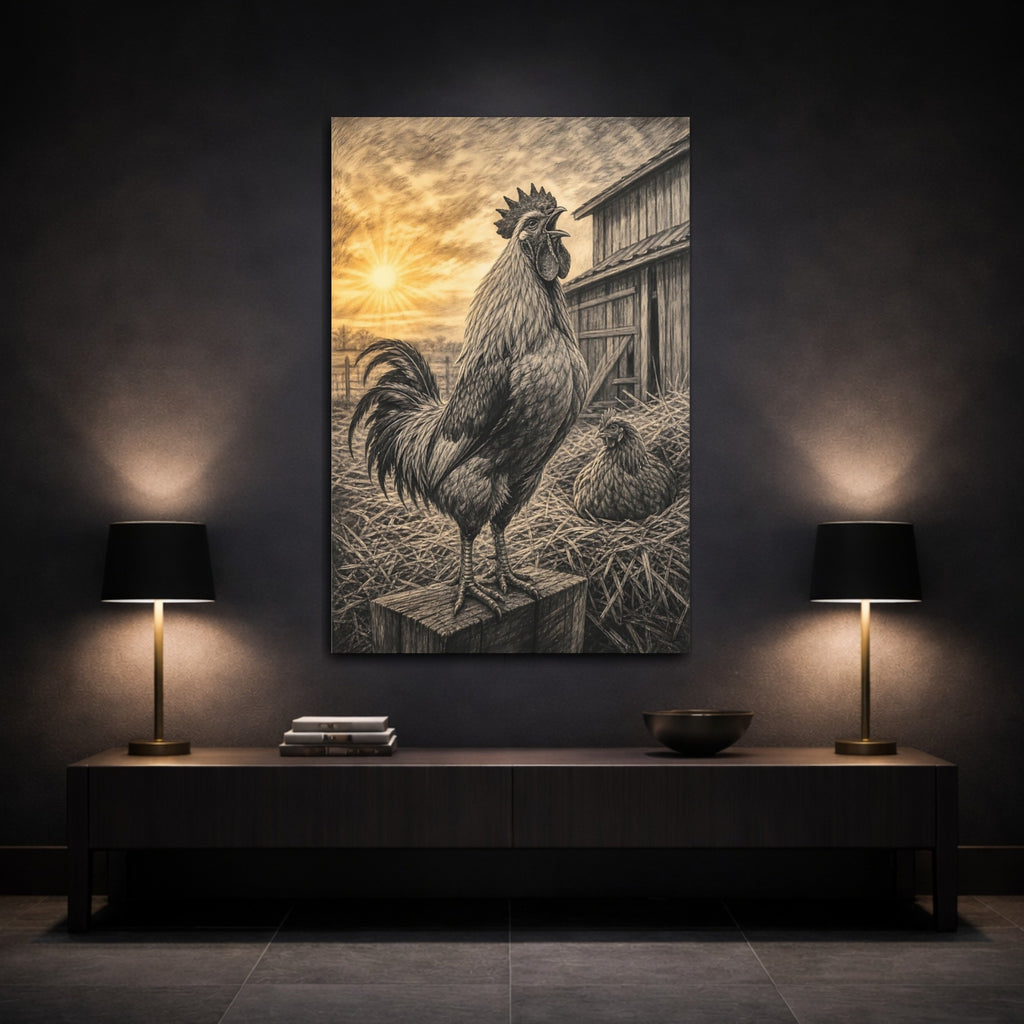 Mockup 3. Animals Rooster Sepia Rooster Farm shown as stretched canvas wall art