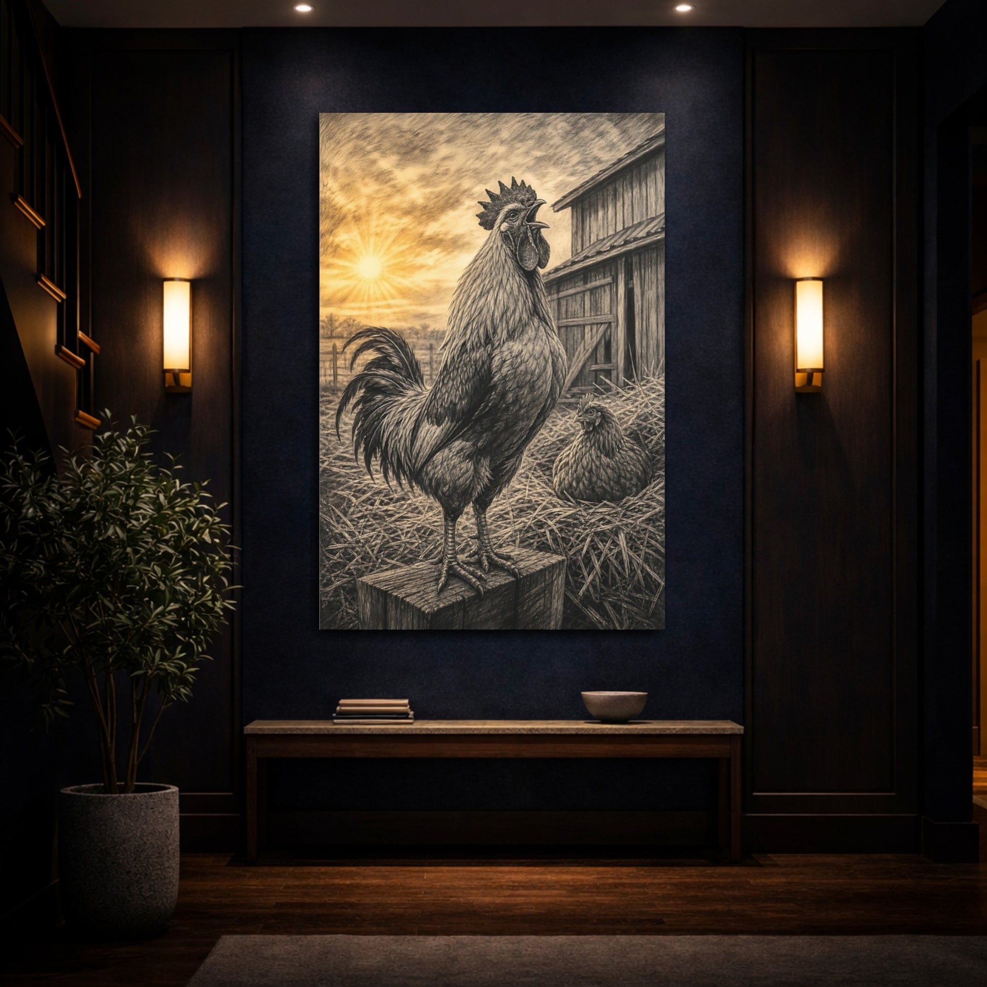 Mockup 4. Animals Rooster Sepia Rooster Farm shown as stretched canvas wall art
