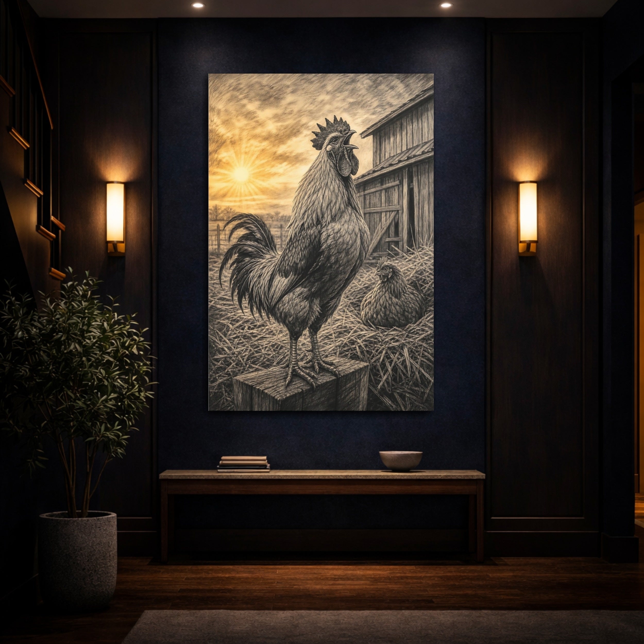 Mockup 4. Animals Rooster Sepia Rooster Farm shown as stretched canvas wall art